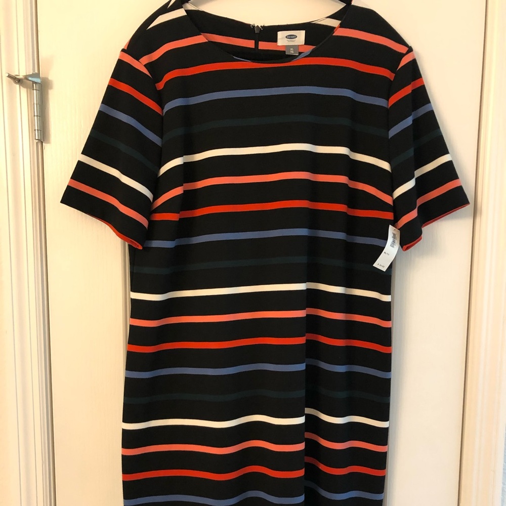 Old Navy Black Striped Shift Dress with Red, Blue, and White Stripes